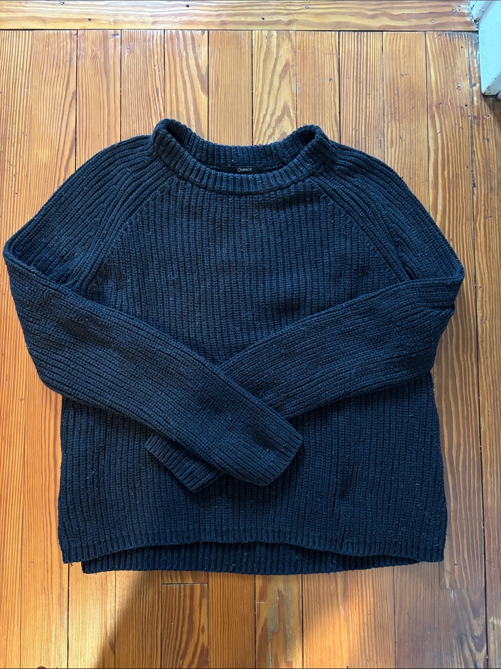 Quince Black Ribbed Crewneck Fisherman Sweater, S
